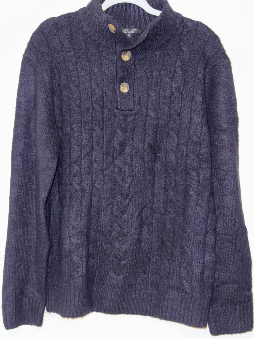 Men's Cable-Knit Crewneck Sweater in Navy with Buttons/elbow patches